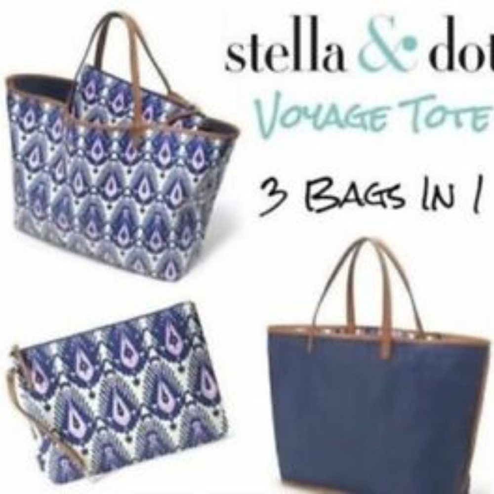 Stella and Dot reversable Voyager tote Denim Ikat